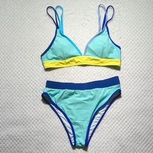 Cupshe Aqua Colorblock Adjustable Bikini Top And High Waisted Bottoms Set